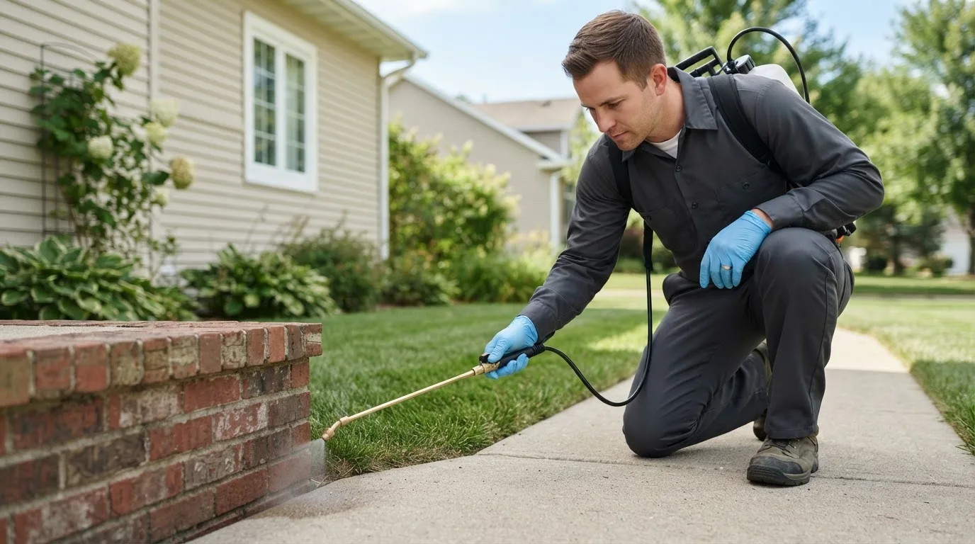 Pest control technician treating a home near La Loma, NM